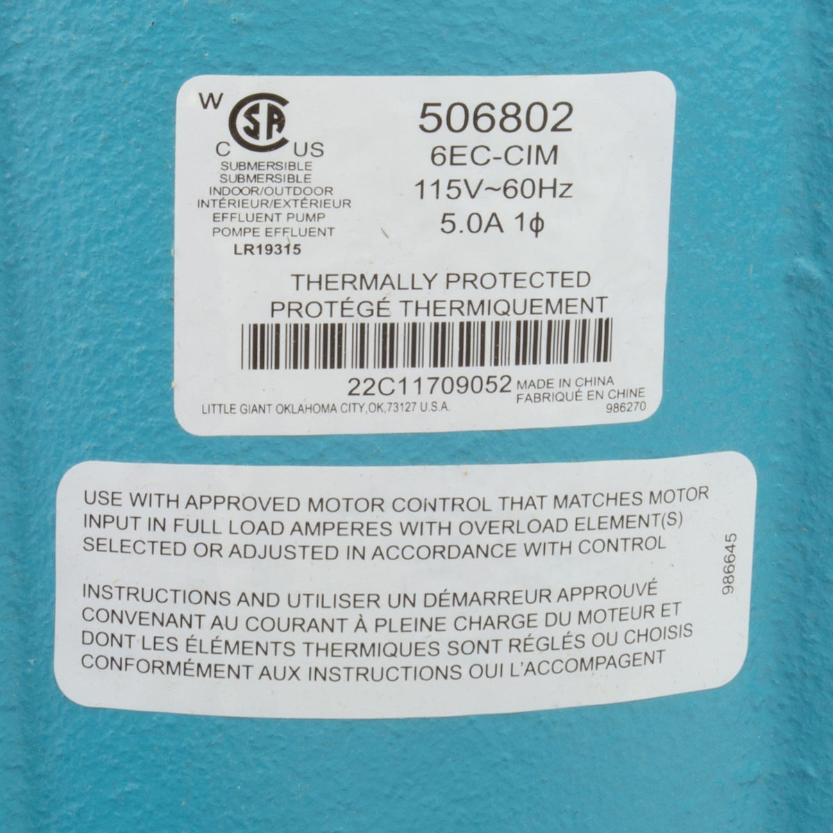 Pump, Sump, Little Giant 6EC-CIM, 115v, Plastic Base, 20ft Cord