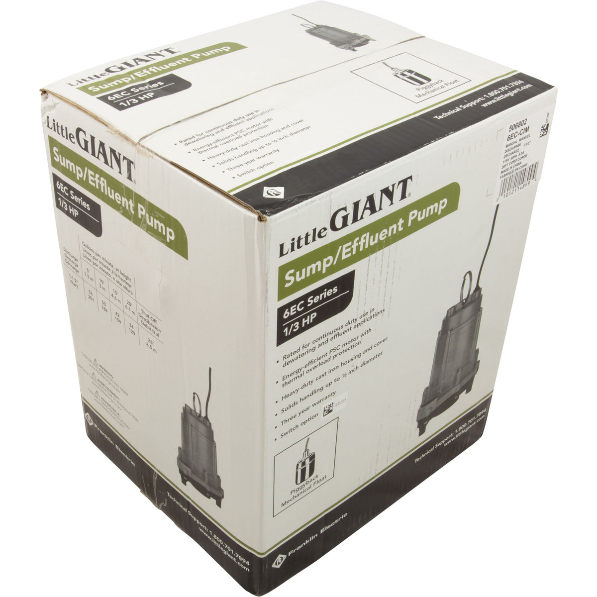 Pump, Sump, Little Giant 6EC-CIM, 115v, Plastic Base, 20ft Cord