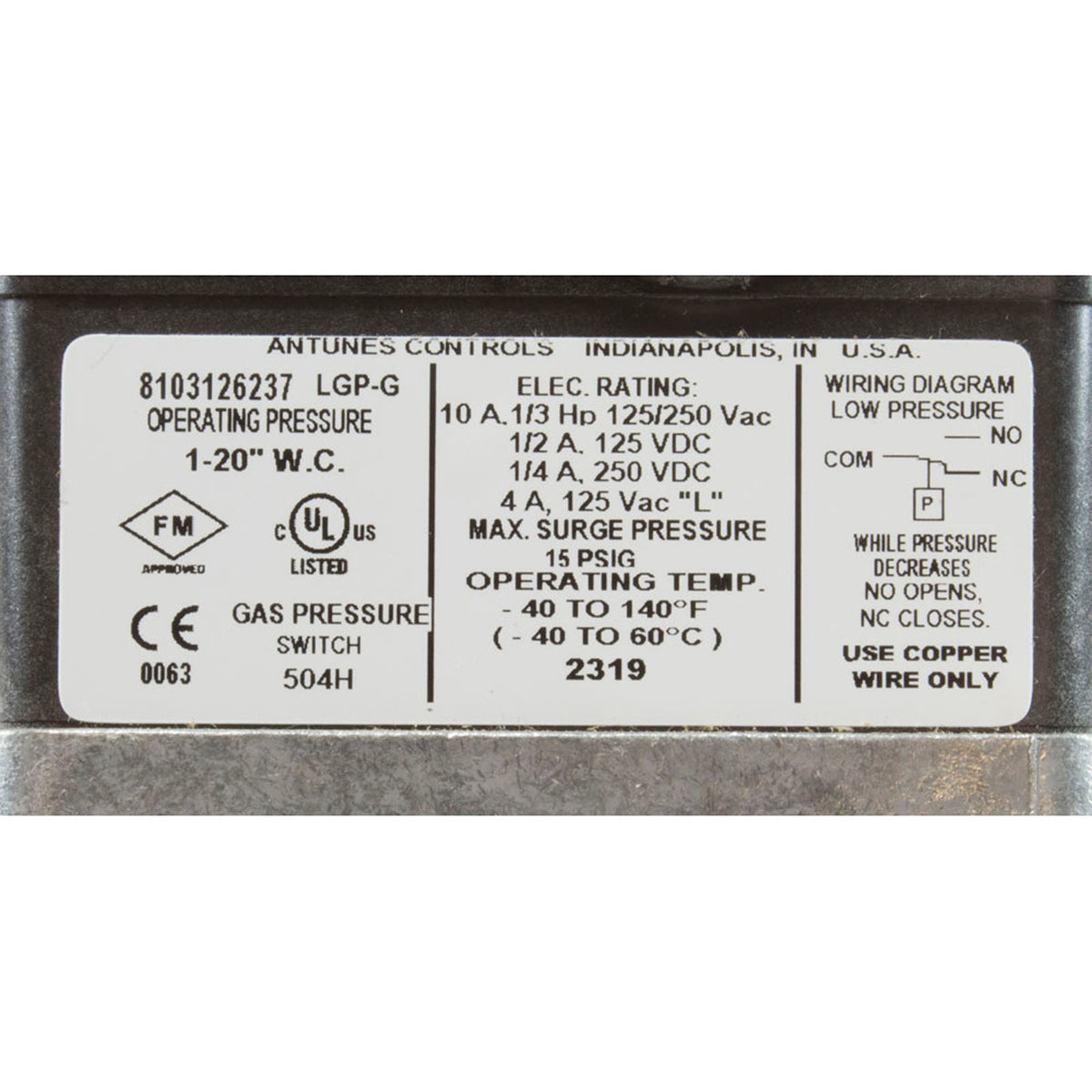 Pressure Switch, Lochinvar Energyrite