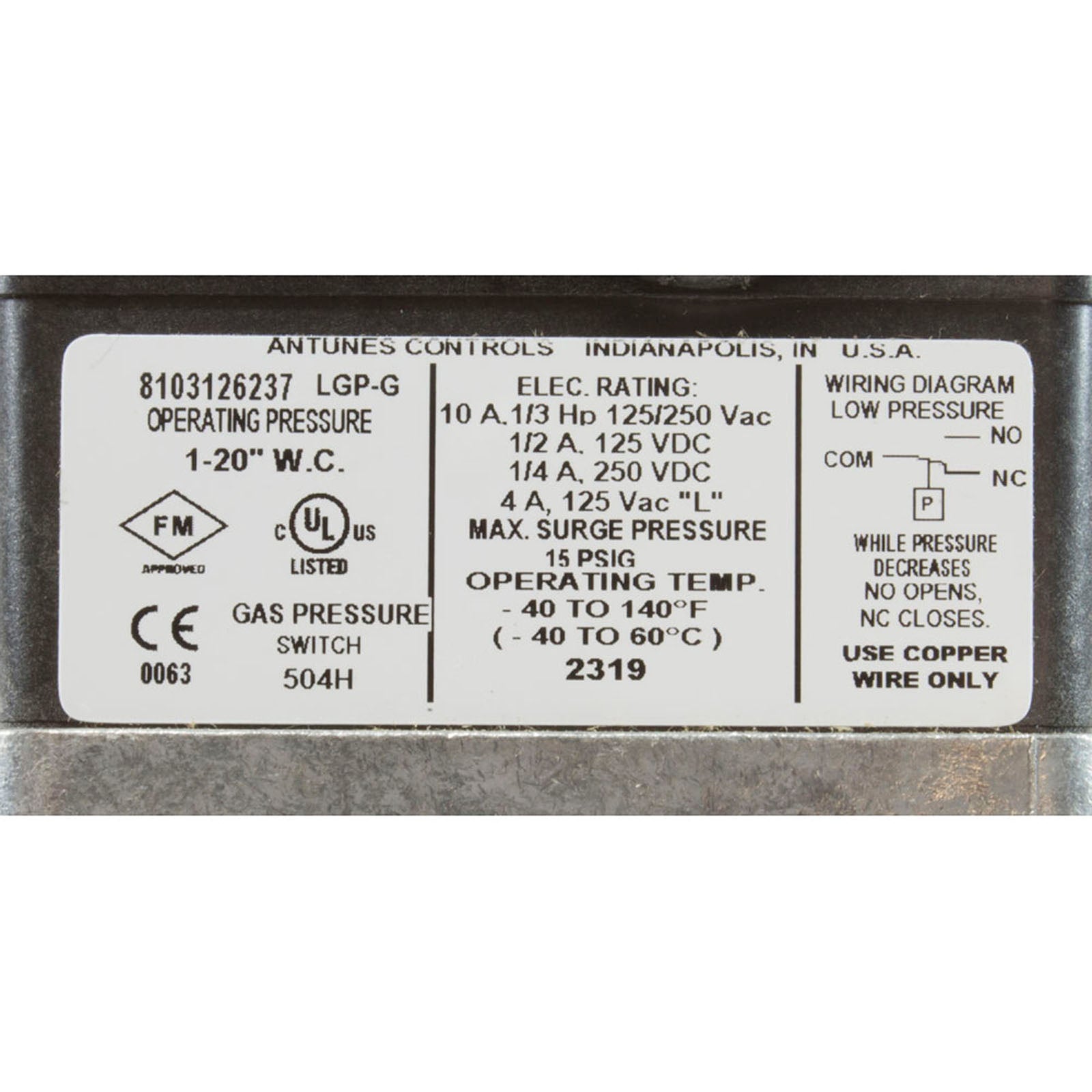 Pressure Switch, Lochinvar Energyrite