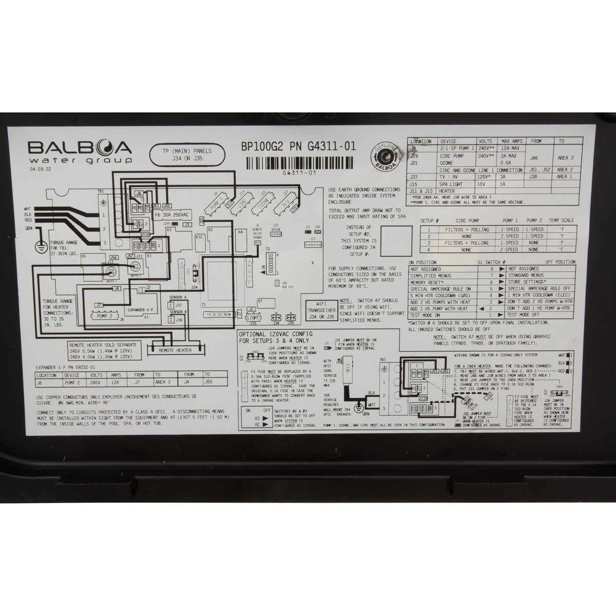 Control, BWG BP100G2, P1, P2, w/ 4.0kW Remote Heater, TP200T