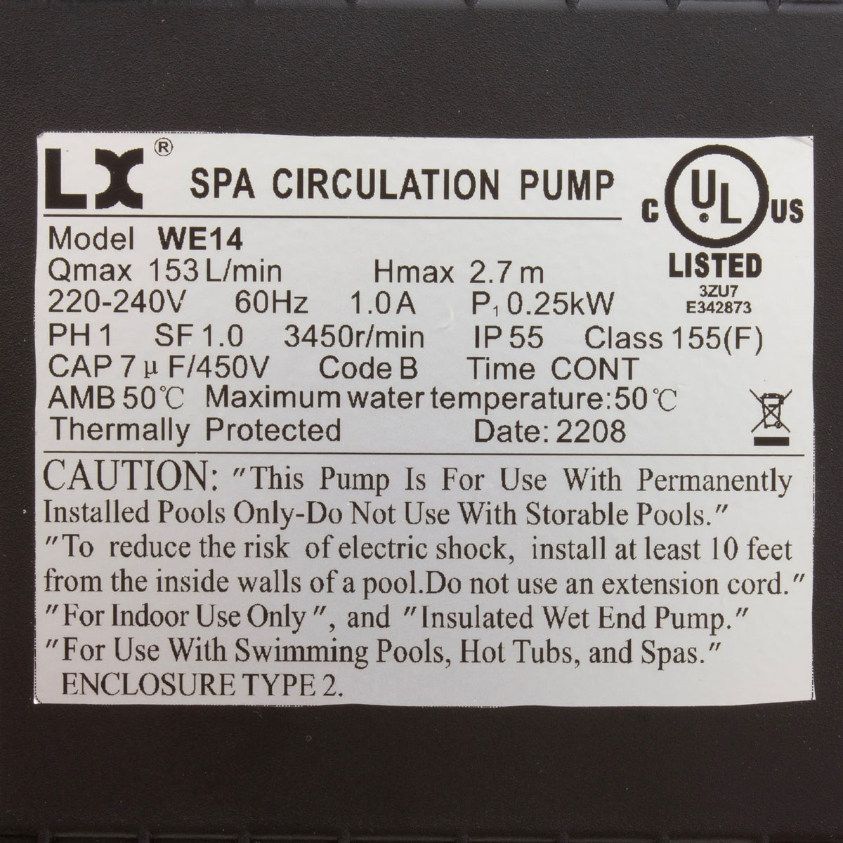 Pump, Circ, LX WE14, 230v, 3450rpm, 1.0A, 1-1/2"mbt