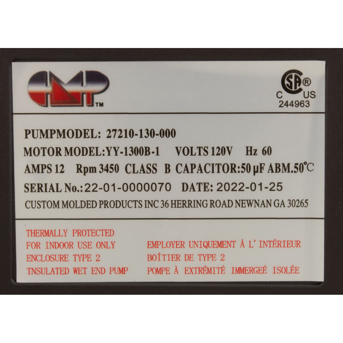 Pompe, bain, CMP Nexxus, 115 V, 1-1/2" MBT, 12,0 A, cordon Nema, OEM, AS