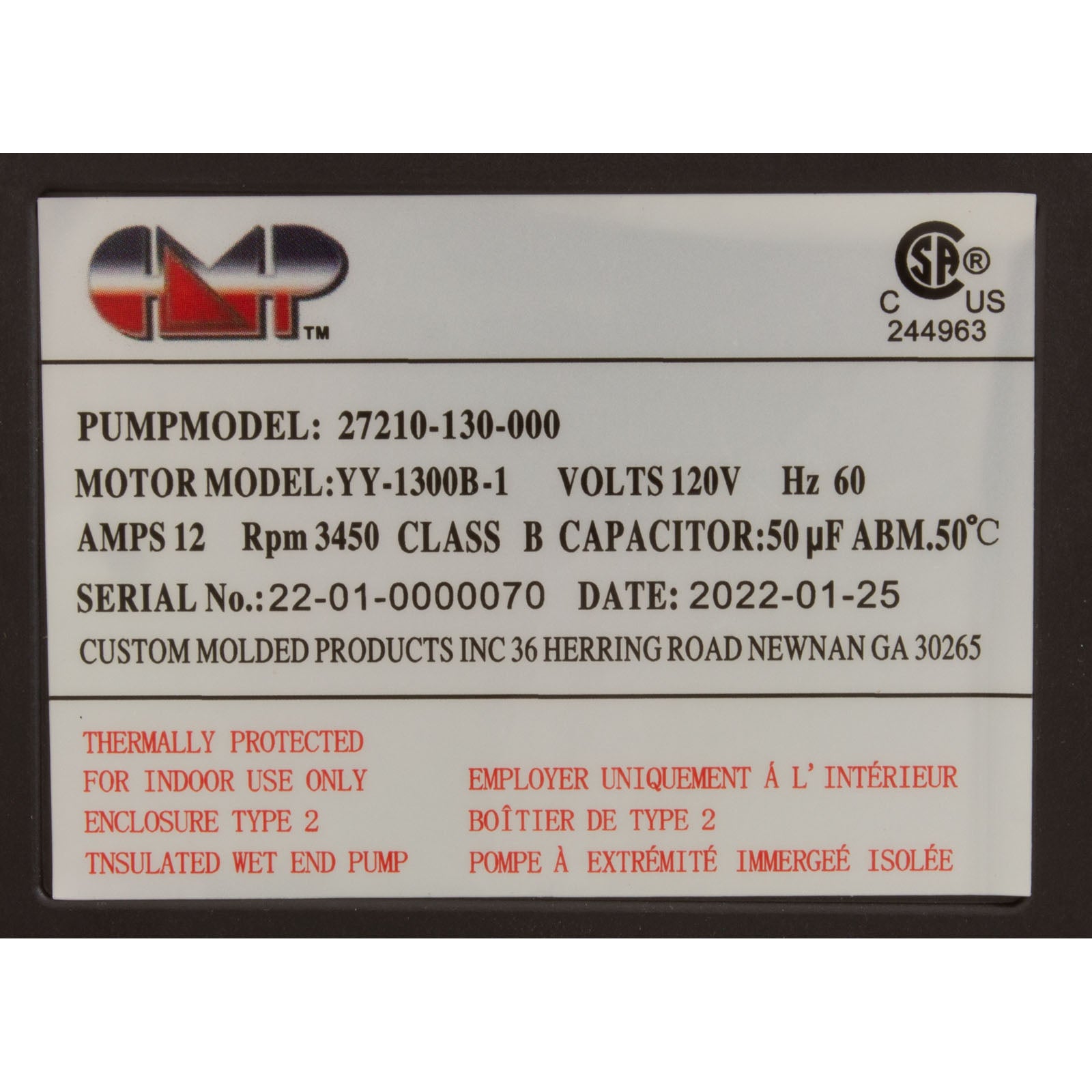 Pump, Bath, CMP Nexxus, 115v, 1-1/2"mbt, 12.0A, Nema Cord, OEM, AS