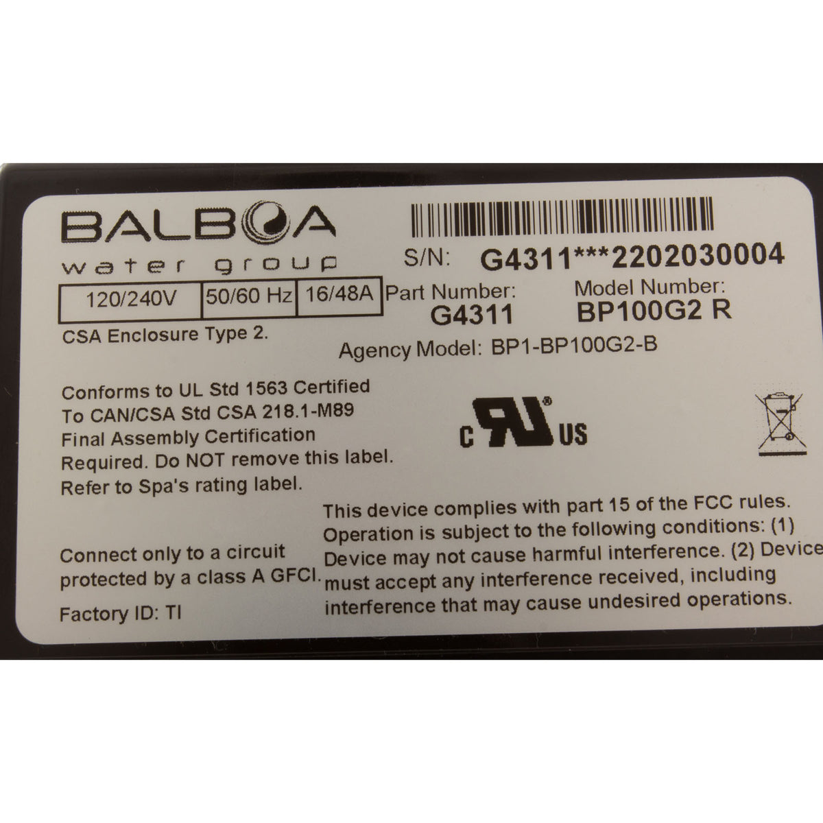 Control Only, BWG BP100G2, P1, P2, w/ 4.0kW Remote Heater