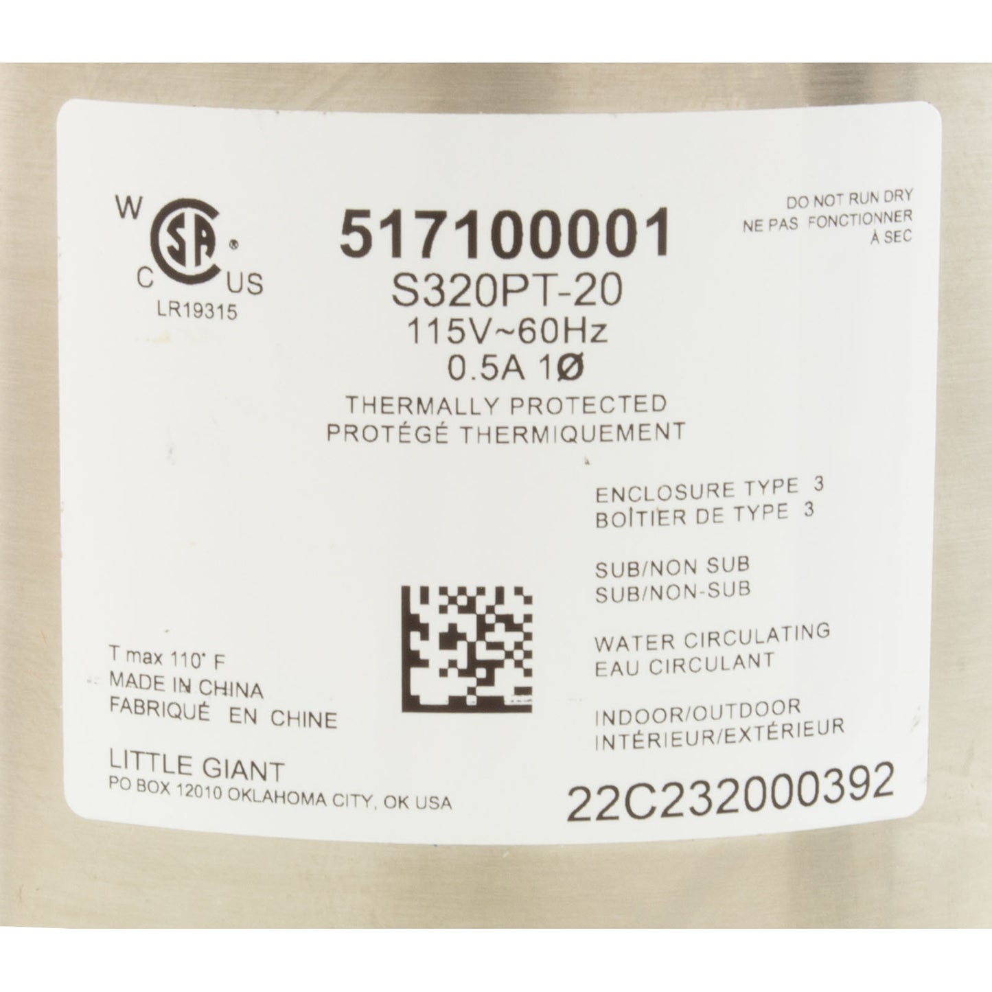 Pump, Circ, Little Giant S320PT-20, 115v, 335gph, 1/4" x 1/2"