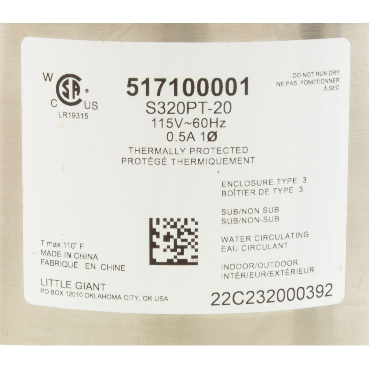 Pump, Circ, Little Giant S320PT-20, 115v, 335gph, 1/4" x 1/2"
