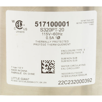 Pump, Circ, Little Giant S320PT-20, 115v, 335gph, 1/4" x 1/2"