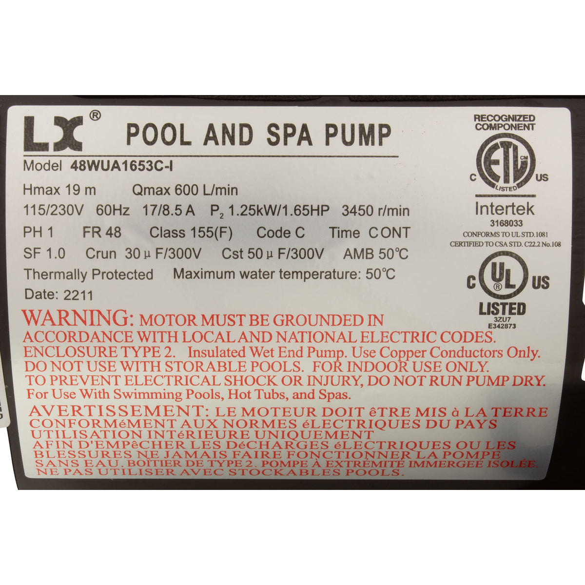 Pump, LX 48WUA, 1.65hp, 115v/230v, 1-Spd, 48Fr, 2"