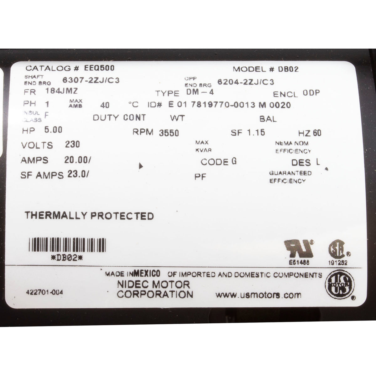 Motor, US Motor, 5.0 Horsepower, 230v, Single Phase