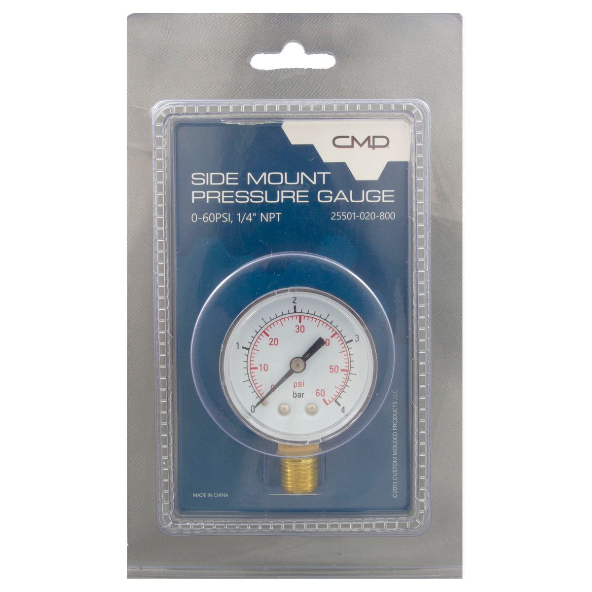 0-60 Pressure Gauge, Bot/Side Mount Clam Shell Pack
