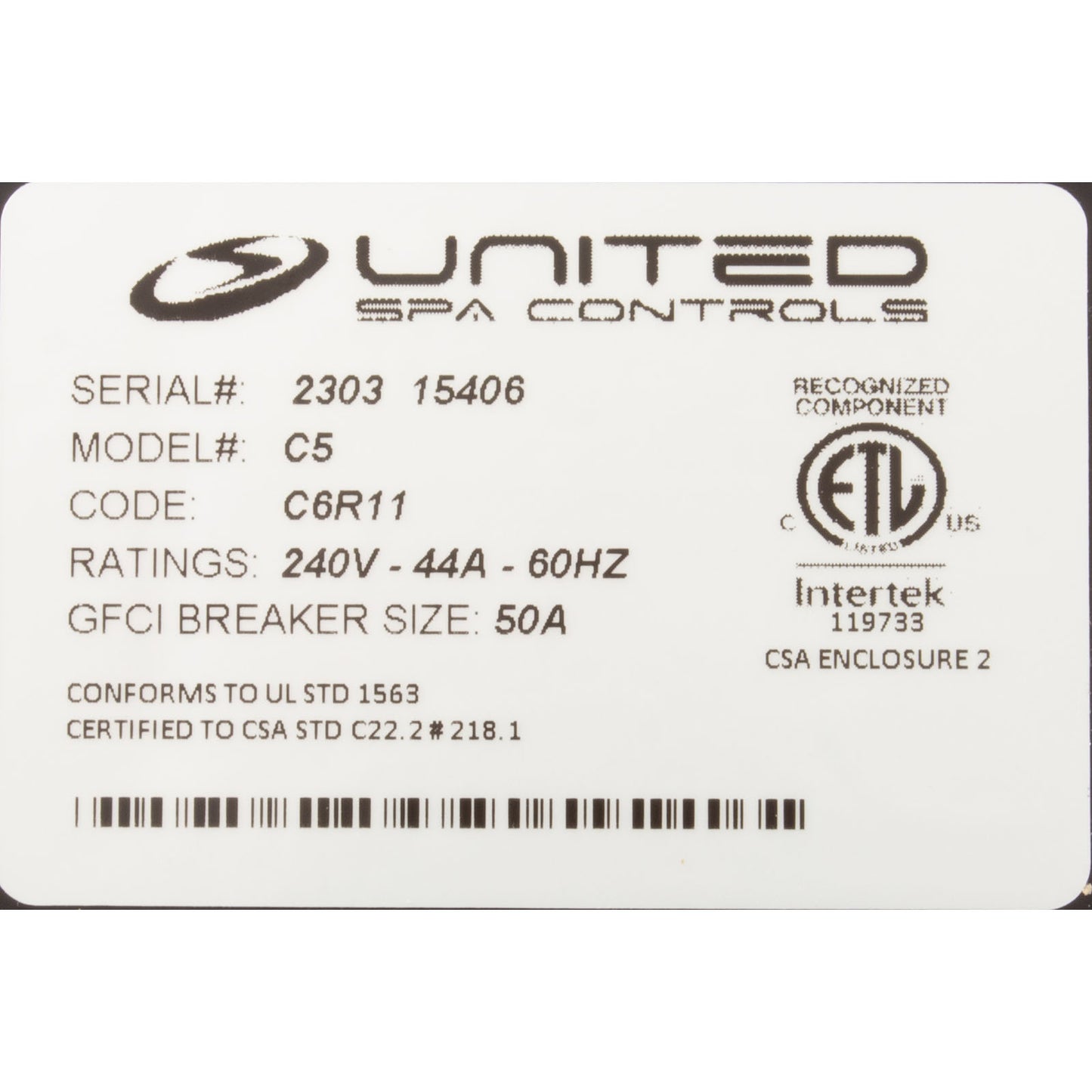 Control, United Spas C5-L, P1, P2, Aux, CP, 115/230v, T7S, B11