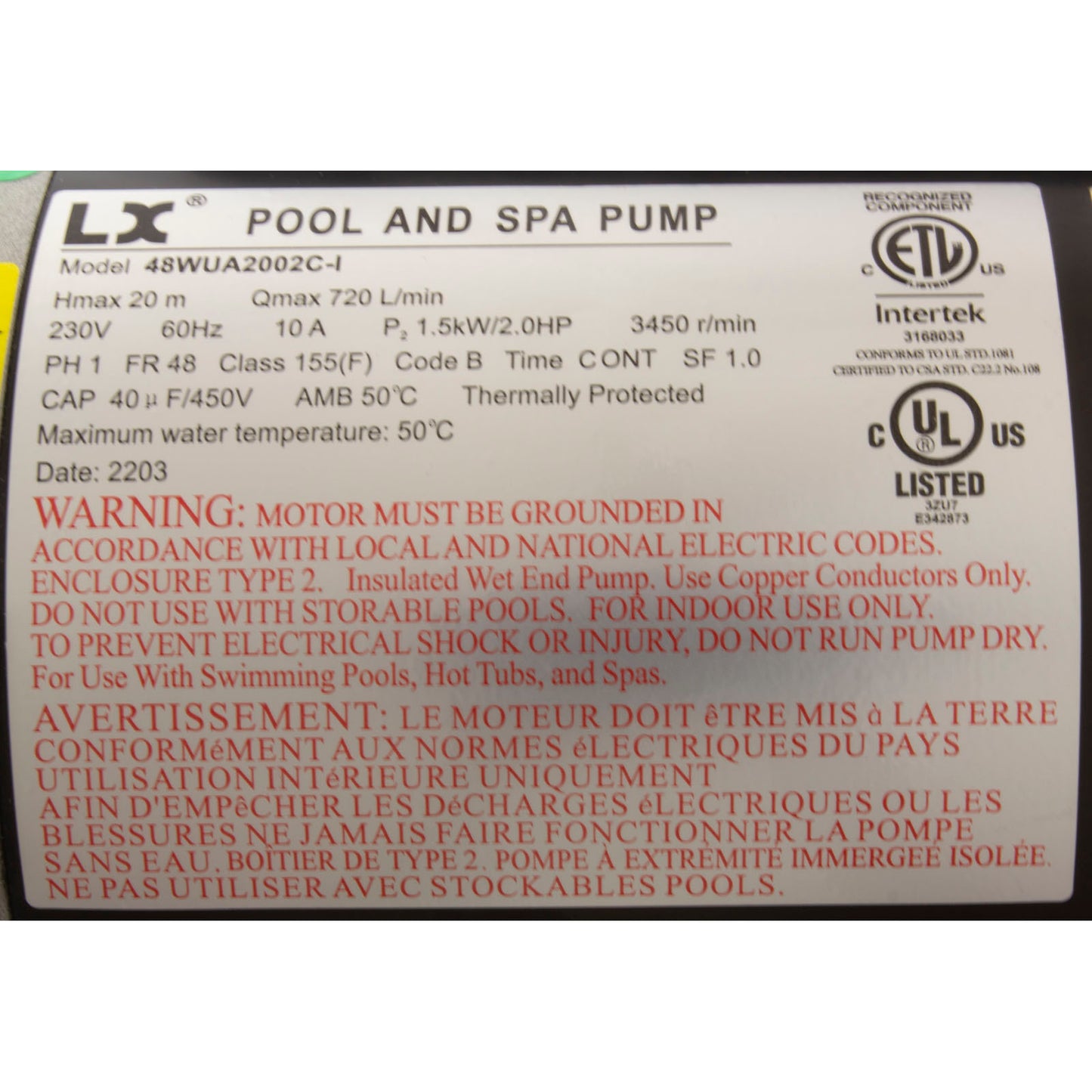 Pump, LX 48WUA, 2.0hp, 230v, 1-Spd, 48Fr, 2", SD, Bracketless