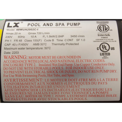 Pump, LX 48WUA, 2.0hp, 230v, 1-Spd, 48Fr, 2", SD, Bracketless