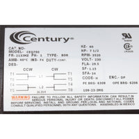 Motor, Century, 7.5hp, 230v, 1-Speed, 1 Phase, EQ Series