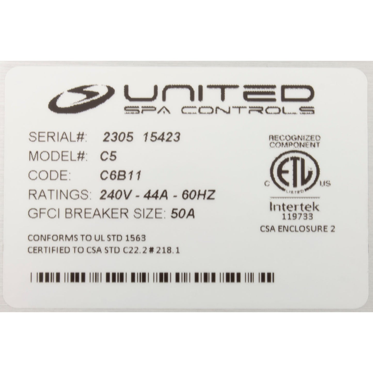 Control, United Spas CB, 5.5kW, P1, P2, Aux, Lt, T7-S