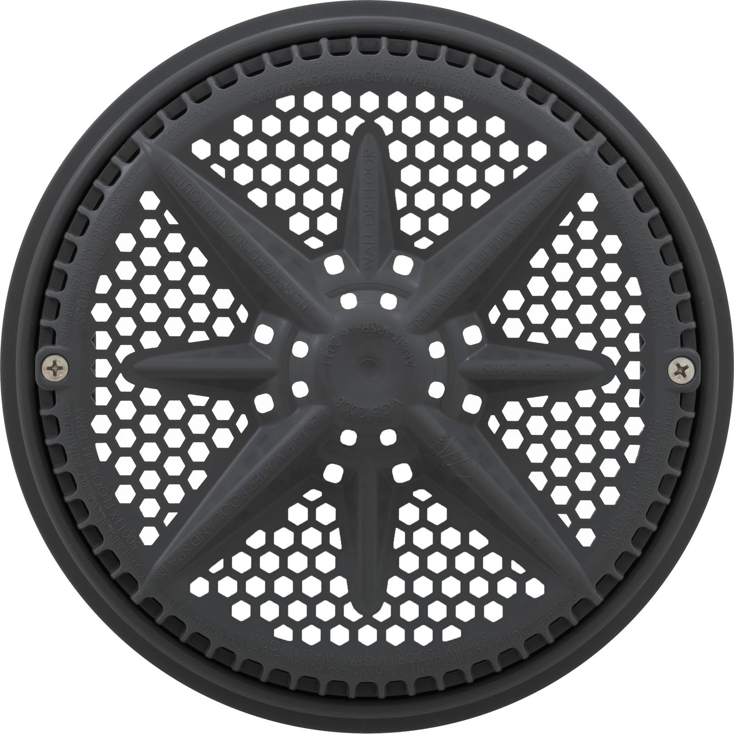 Main Drain Grate, PentStarGuard, 8", 112gpm, DrkGry, qty2, Sh Ring