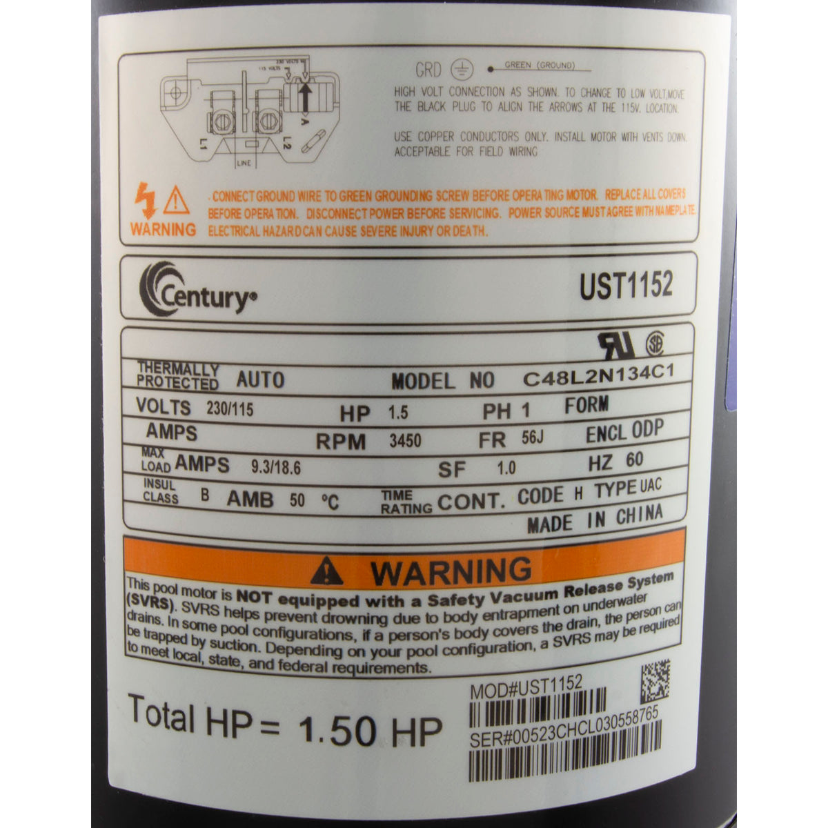 Mtr, Cent, 1.5Hp, 115/230V, 1-Sp, Sf1, 56Jfr