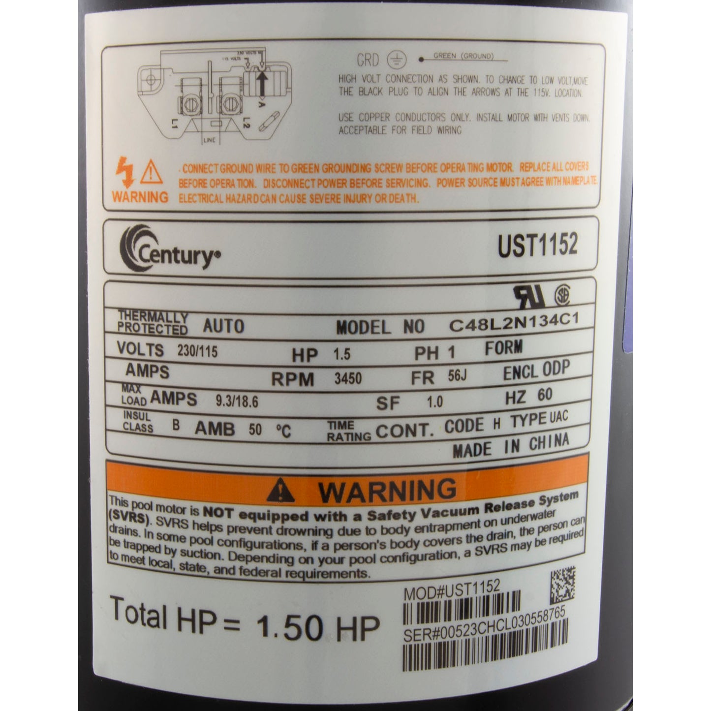 Mtr, Cent, 1.5Hp, 115/230V, 1-Sp, Sf1, 56Jfr