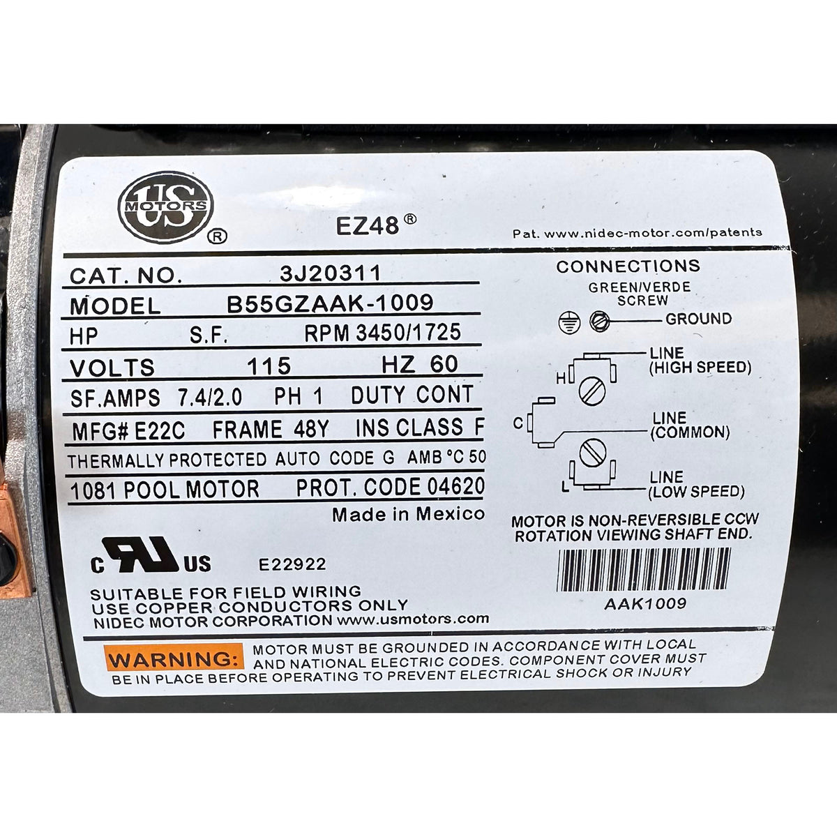 Pump, WW Hi-Flo II, 1.0SPL, 2-Spd, 115v, 6"Trp, ft Nema, Vert