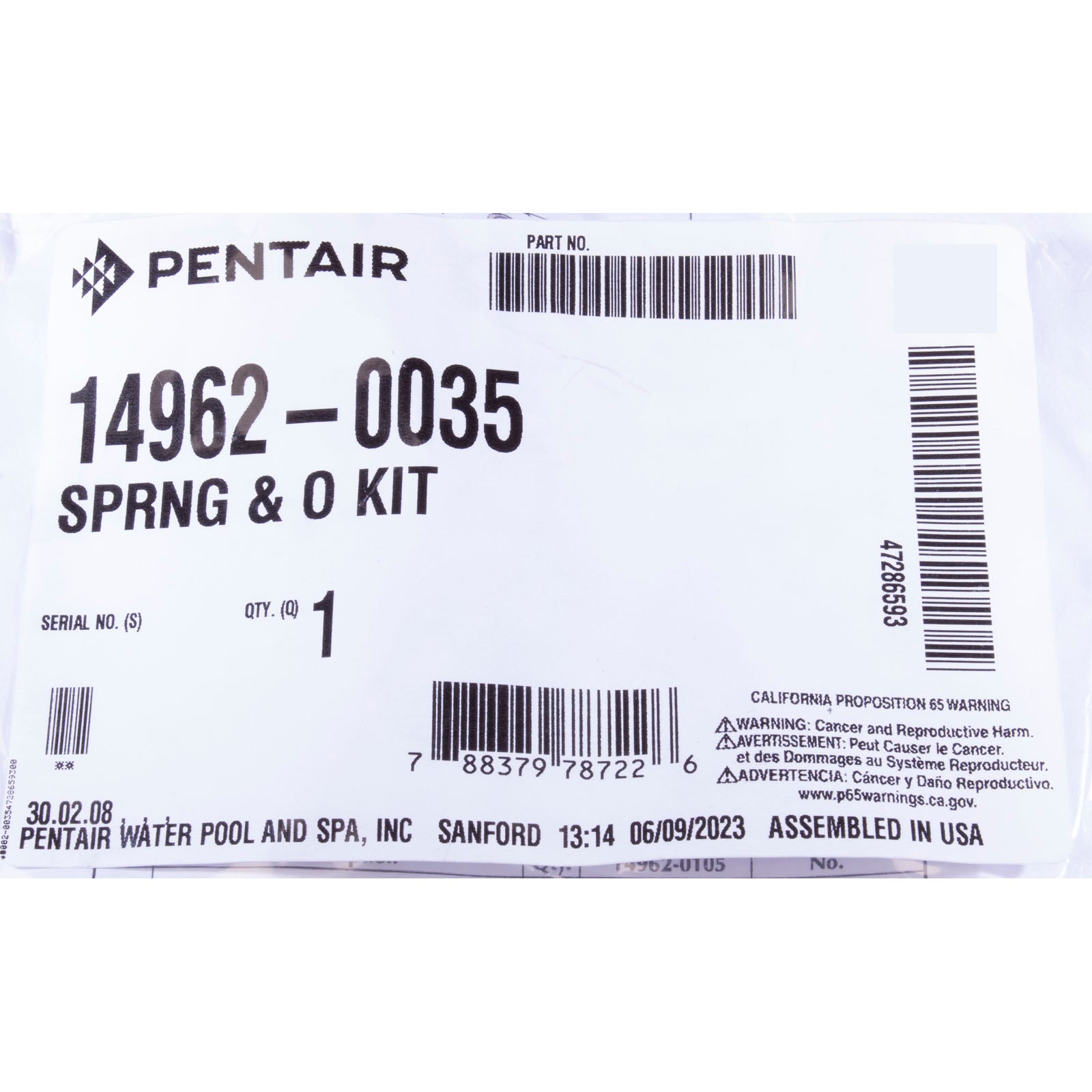 14962-0035 Pentair Spring & O-Ring Kit