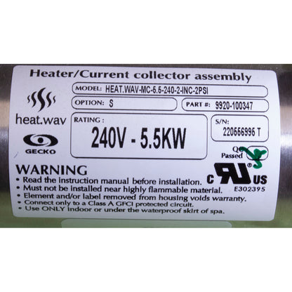 Heater, FloThru, Gecko M-Class, 5.5kW, 15"x2", 230v, w/ PS, OEM