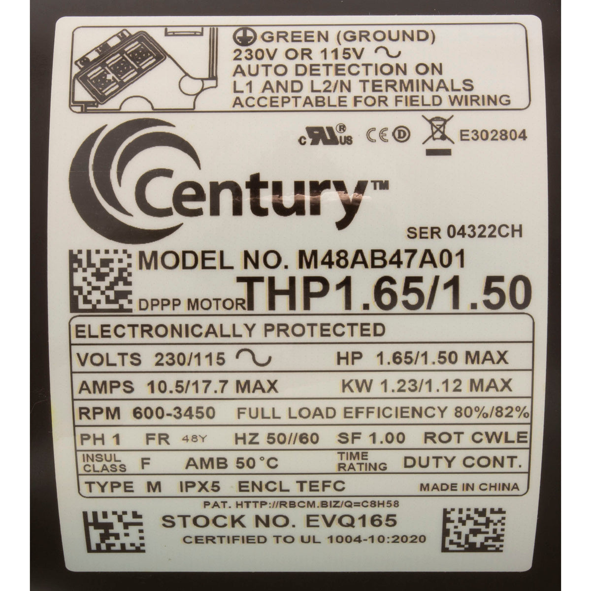Motor, Century V-Green, 1.65hp, 115V/230V, 1Ph, 48YFr, TEFC