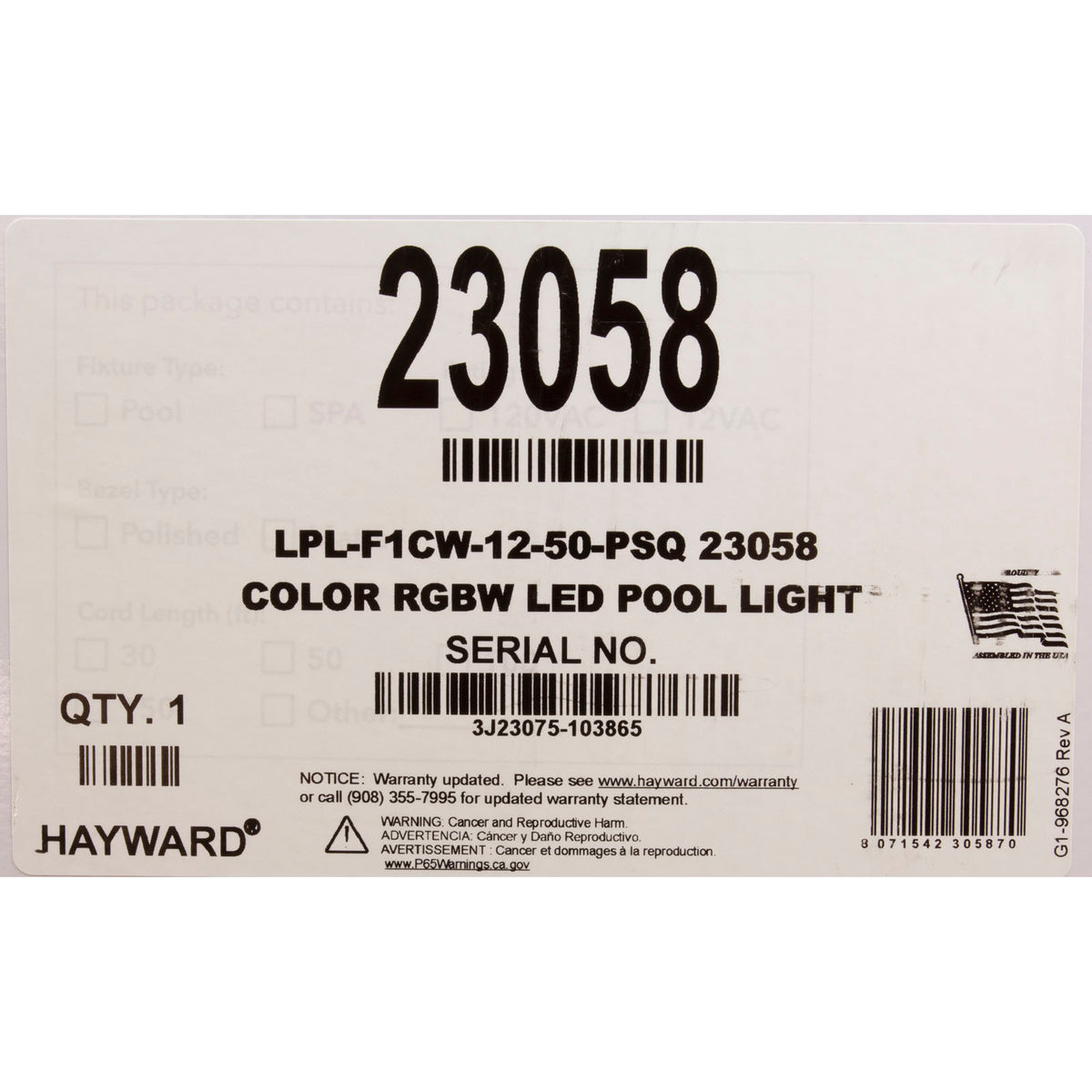 Pool Light, Color Splash XGW 300, RGBW LED, 12V, 39W, 50ft, SQ