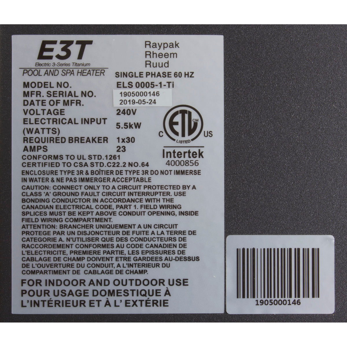 Digital Electric Heater, Raypak E3T, 1-1/2" mpt, 230v, 5.5kW