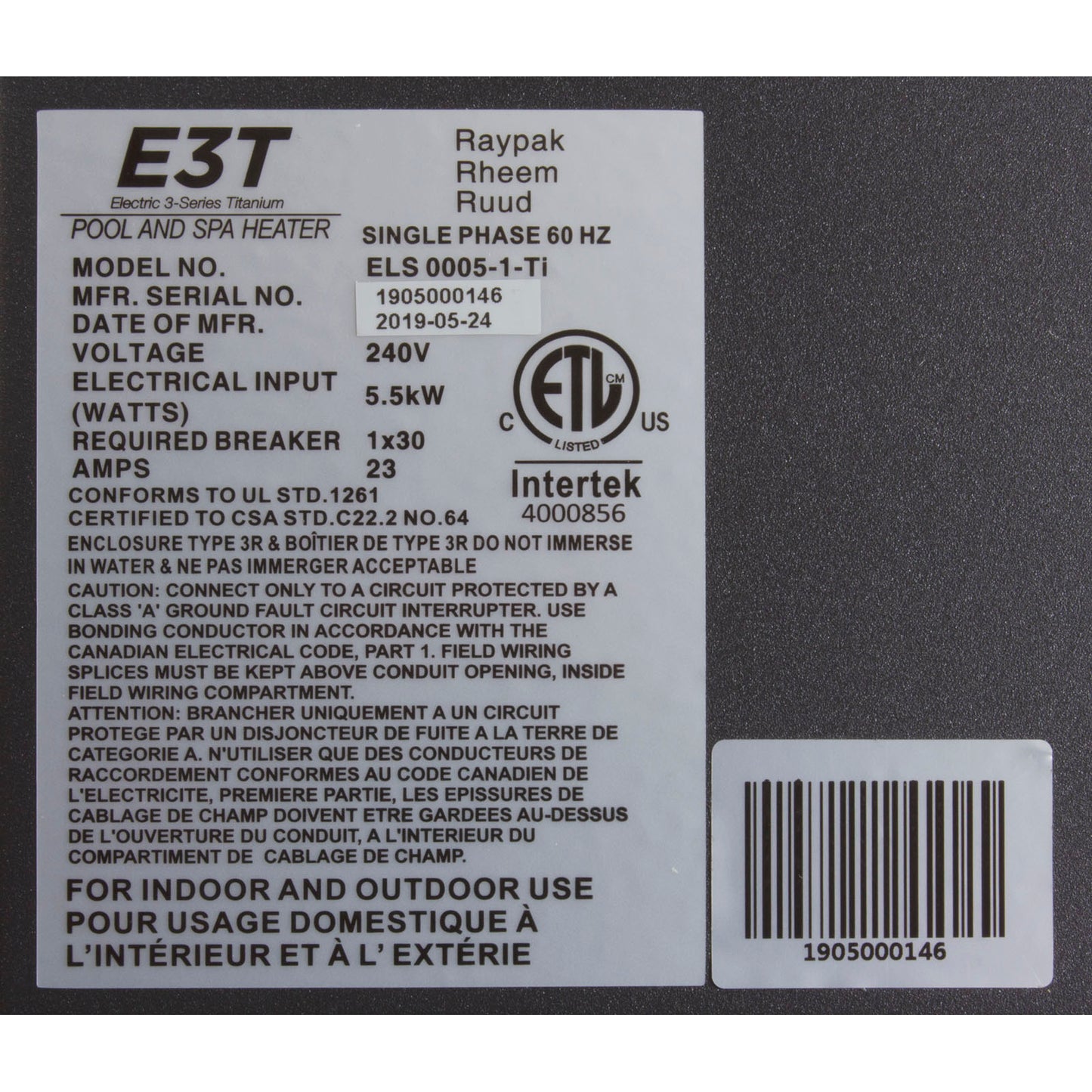 Digital Electric Heater, Raypak E3T, 1-1/2" mpt, 230v, 5.5kW