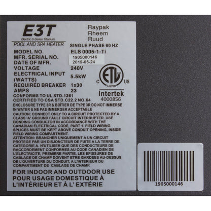 Digital Electric Heater, Raypak E3T, 1-1/2" mpt, 230v, 5.5kW