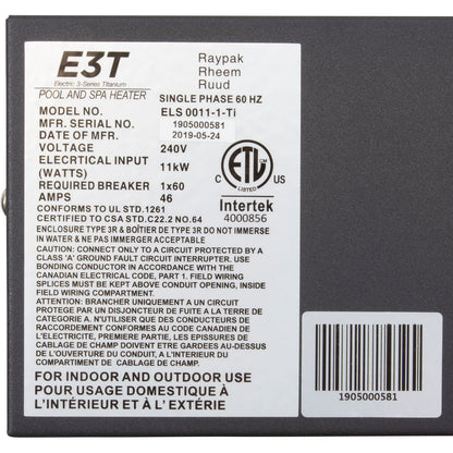 Digital Electric Heater, Raypak E3T, 1-1/2" mpt, 230v, 11kW