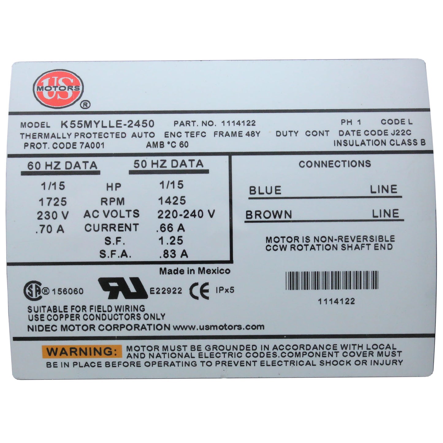 Bomba de circulación BWG, 1/15 hp, 230 V, 0,7 A, 48 Fr, 1-1/2"