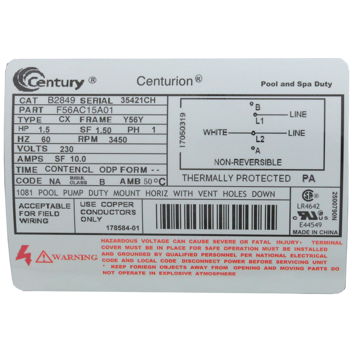Motor, Century, 1.5hp, 1-Spd, 230v, SQFL, 56Y Frame