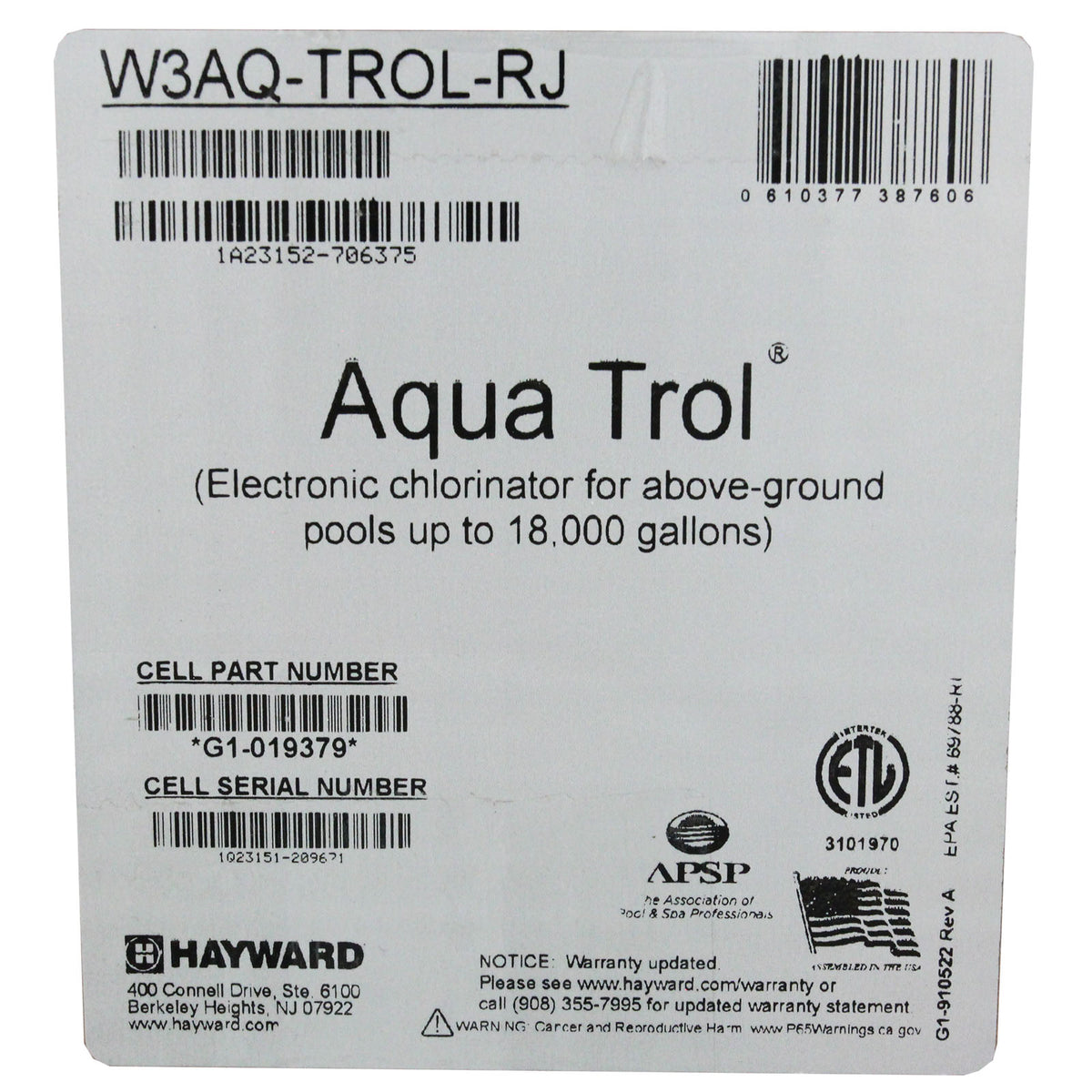 Salt Chlorine Generator, Hayward AquaTrol RJ