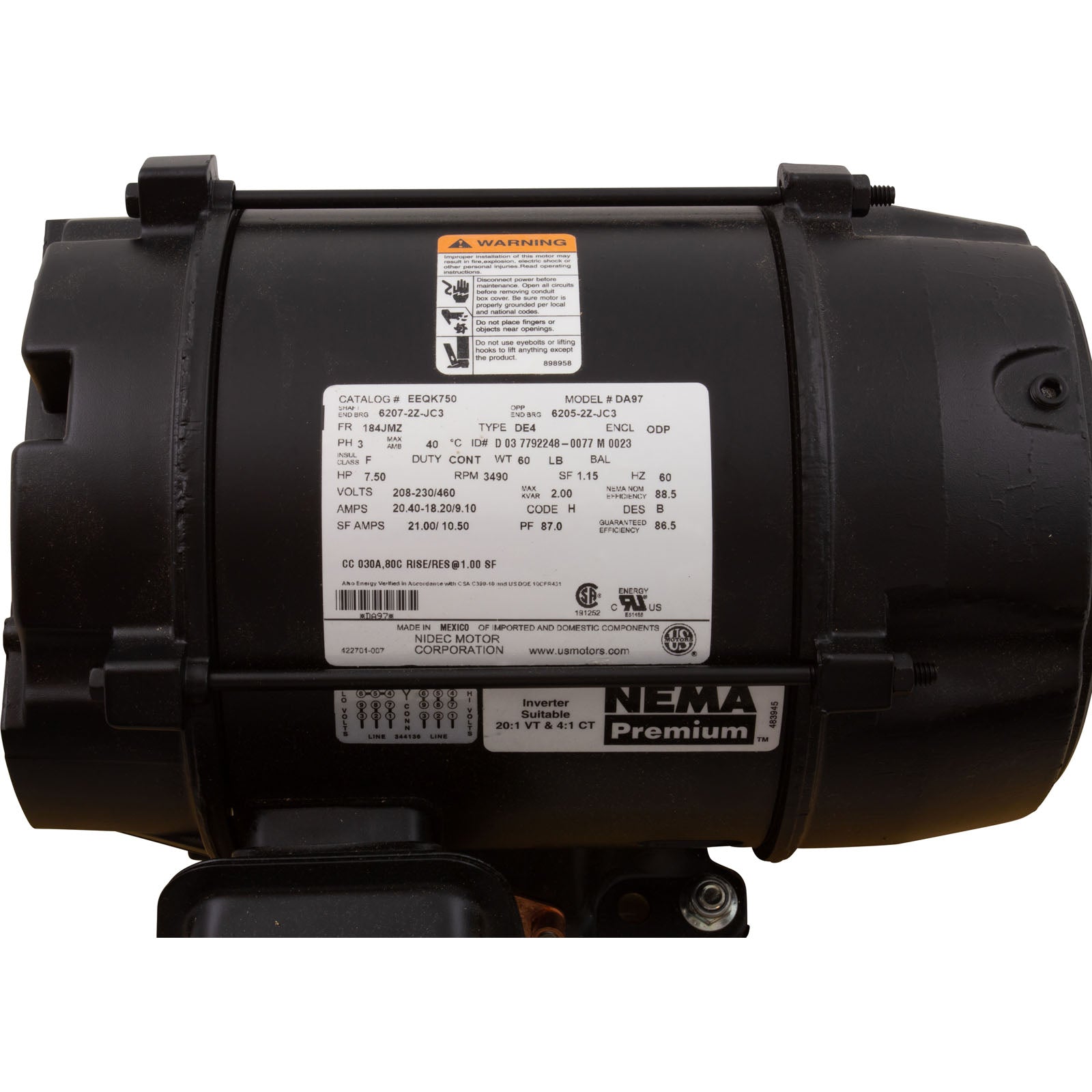 Motor, US Motor, 7.5hp, 208-230v/460v, 1-Speed, 3 Phase