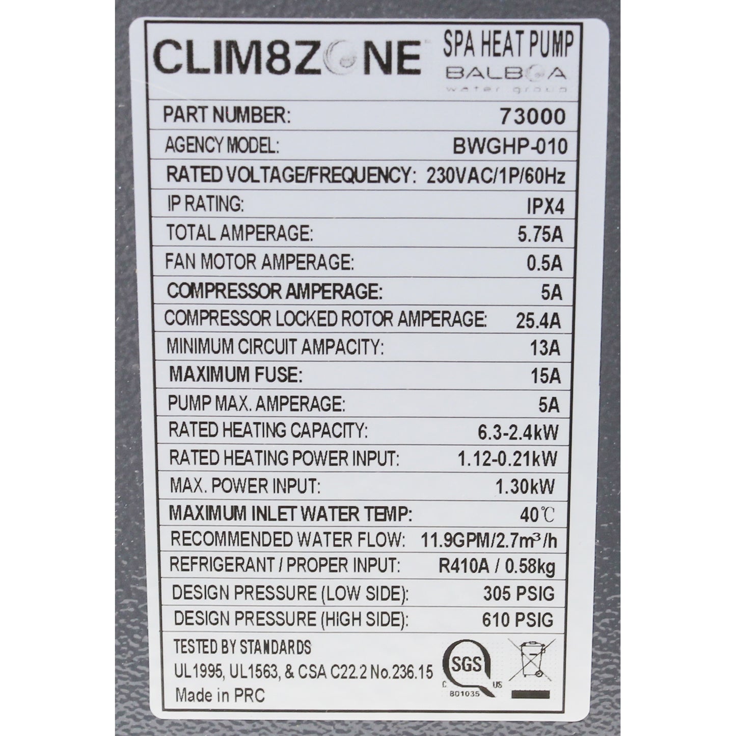 Heat Pump, Balboa Water Group Clim8Zone, 2", 230v