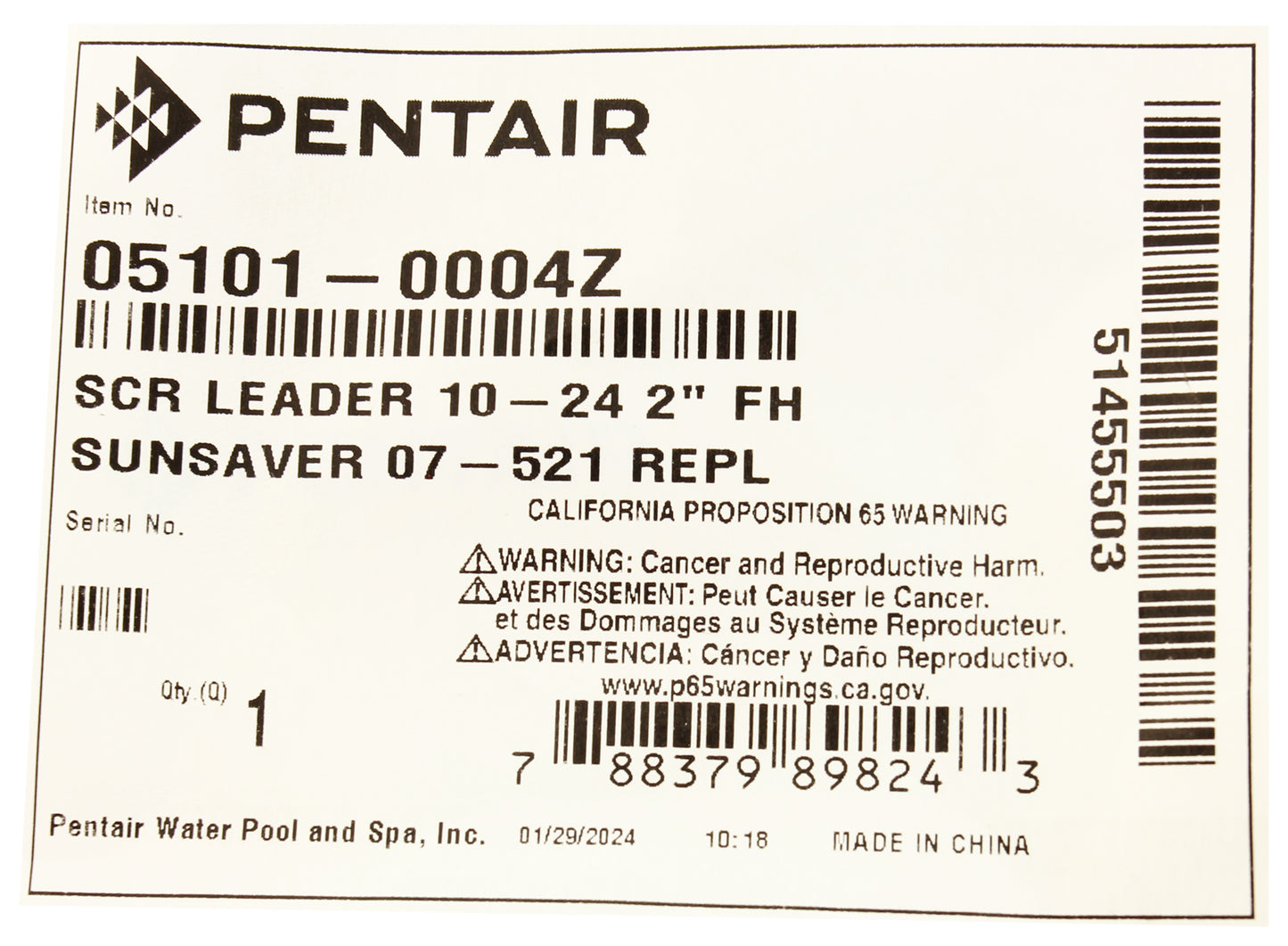 Leader Screw, Sta Rite Sunsaver Light, 10-24 2", Flat Head