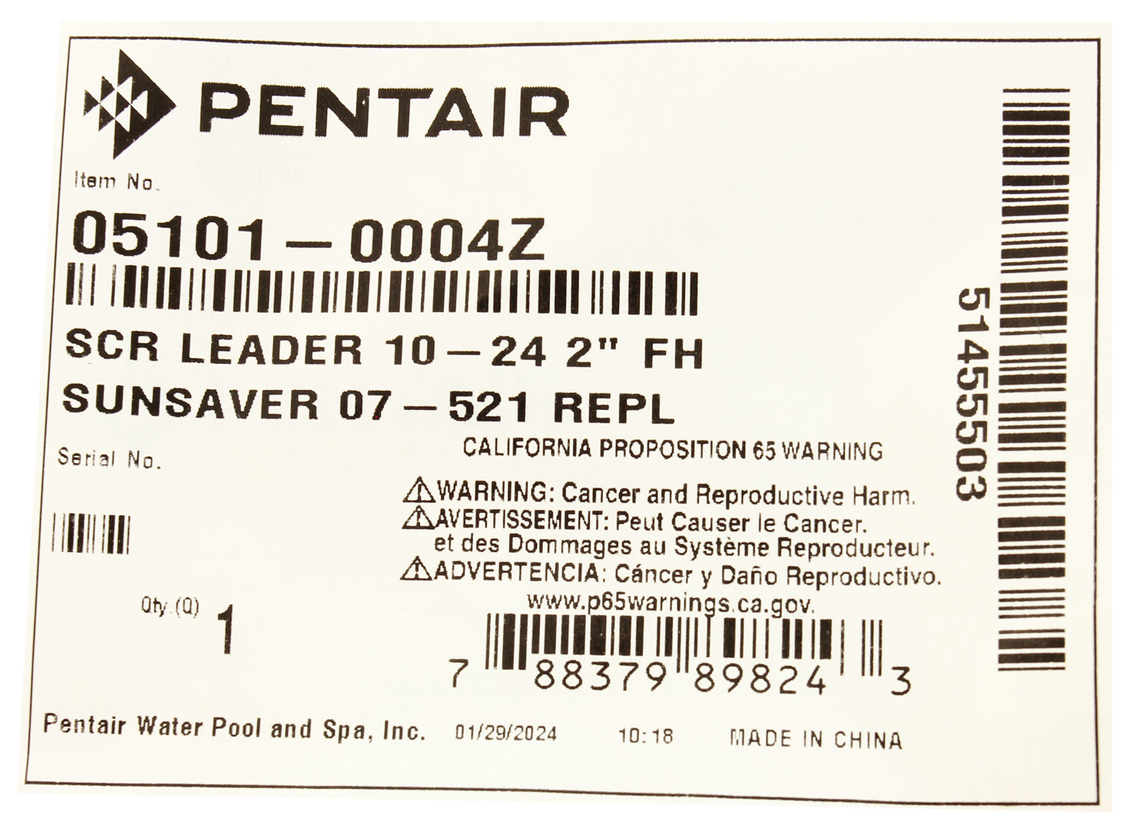 Leader Screw, Sta Rite Sunsaver Light, 10-24 2", Flat Head