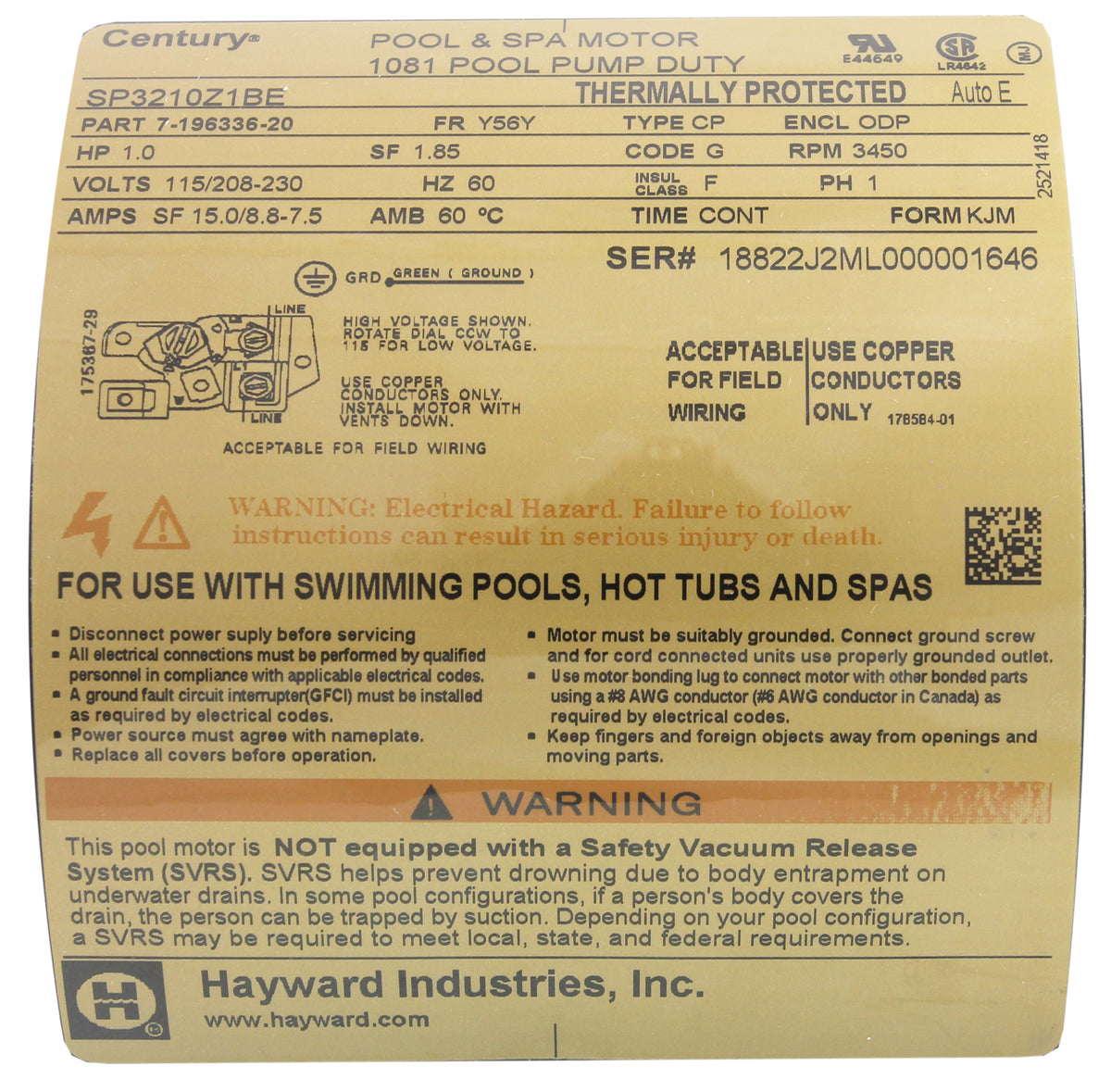 Motor, Hayward TriStar, 1.0hp, 1Spd, 115v/208-230v, SQFL, EE, Full