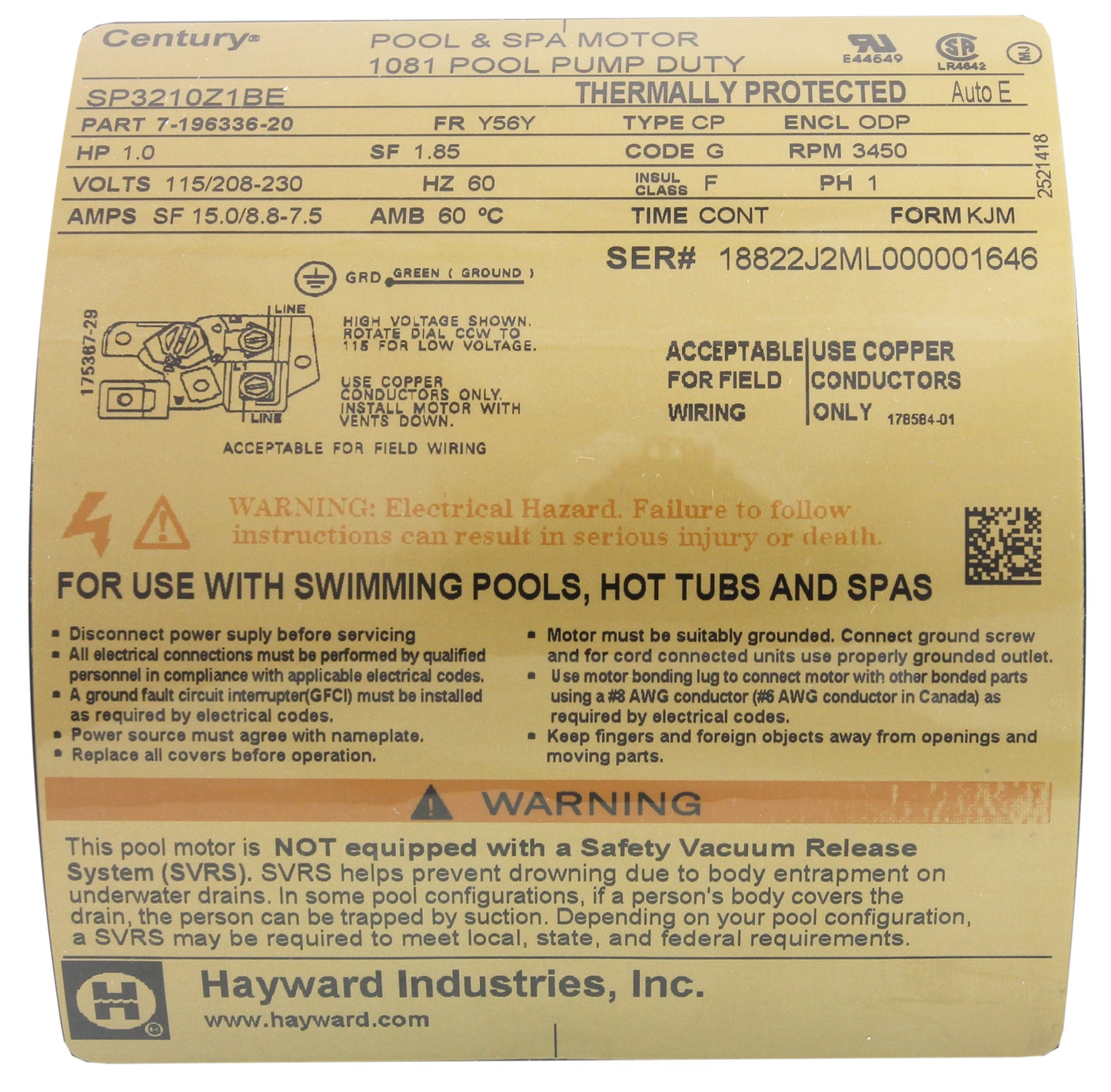 Motor, Hayward TriStar, 1.0 hp, 1 velocidad, 115 V/208-230 V, SQFL, EE, completo