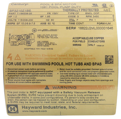Motor, Hayward TriStar, 1.0 hp, 1 velocidad, 115 V/208-230 V, SQFL, EE, completo