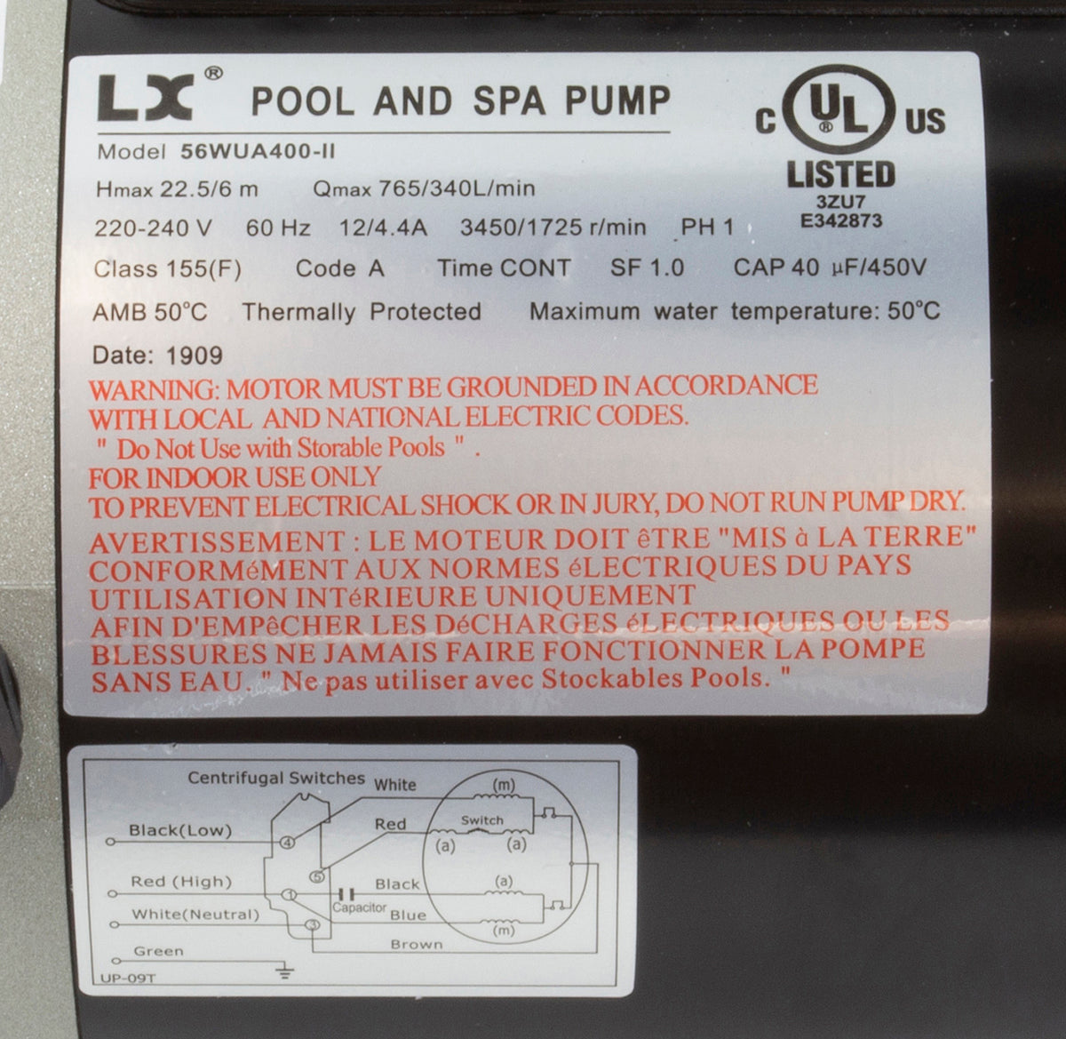 Pump, LX, 2.5HP/4.0HP, 230V, 2-Spd, 12A, 2" In/Out, 56Fr No Feet