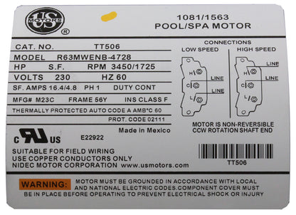 Bomba, Balboa Ultimax, 230 V, 56FR, 5,0 HP, 2 velocidades, 16,4 A/4,8 A, 2"
