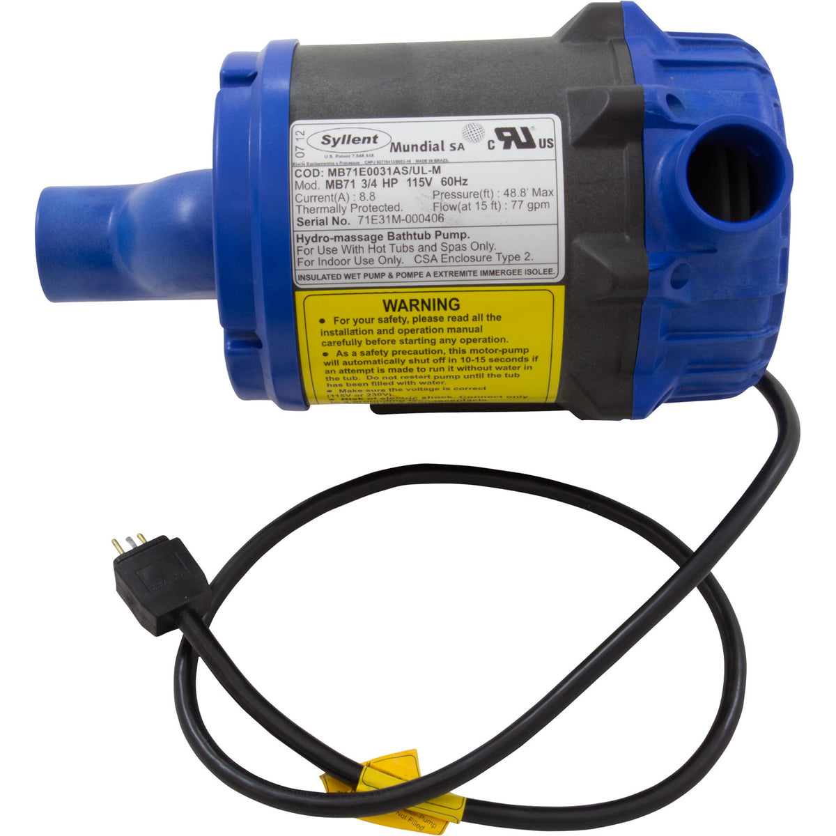 Pump, Syllent, 0.75 Horsepower, 115v, 100% Drain, JJ cord, OEM