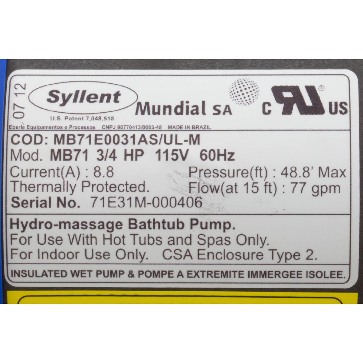 Pump, Syllent, 0.75 Horsepower, 115v, 100% Drain, JJ cord, OEM