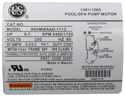 Pump, WW Exec, 3.0hp, 230v, 2-Speed, 56fr, 2", OEM