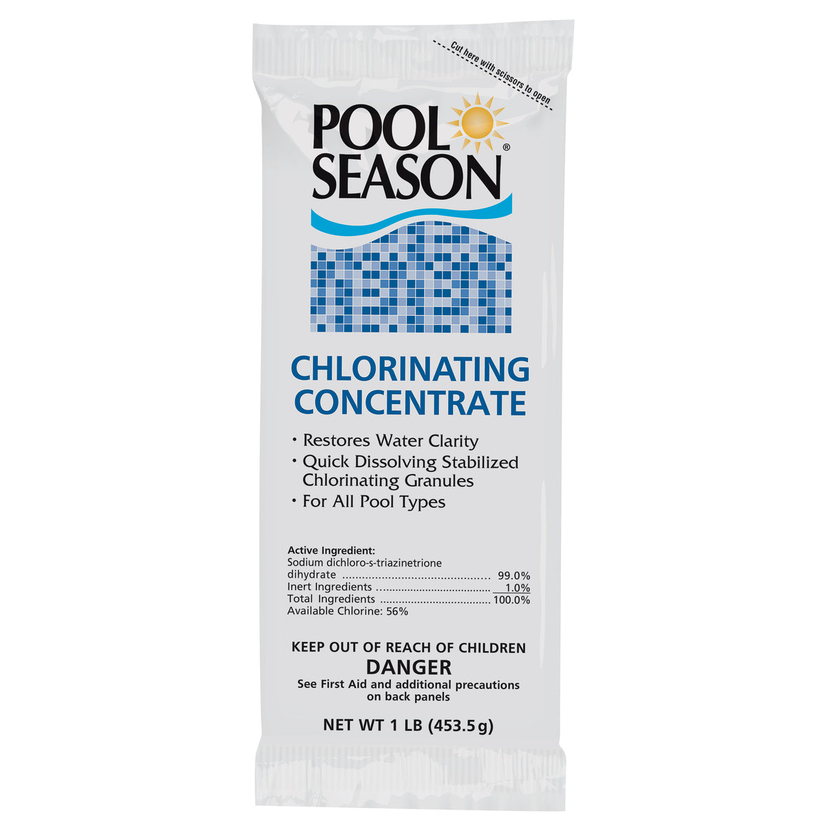 Pool Season chlorinating concentrate packaging on a white background
