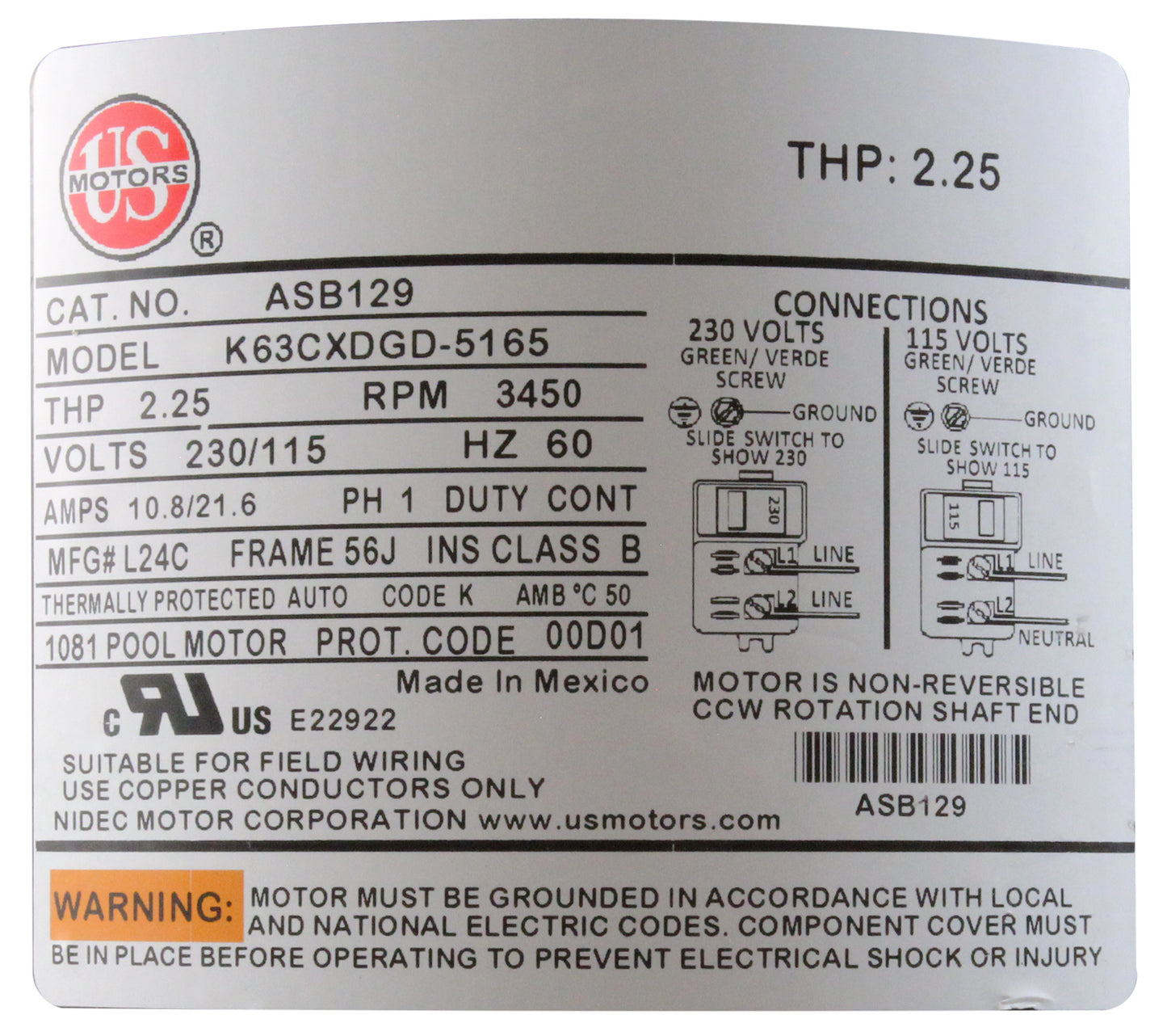 Motor, US Motors, 1.5hp, 115v/230v, 1-Spd, 56Jfr, C-Face Thd