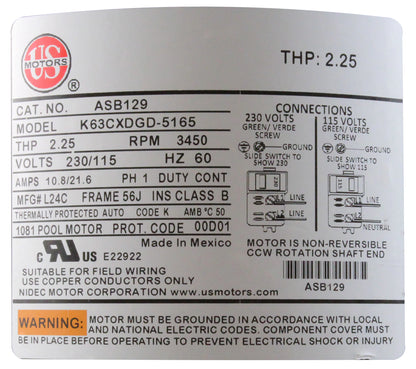 Motor, US Motors, 1.5hp, 115v/230v, 1-Spd, 56Jfr, C-Face Thd